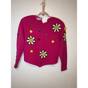Vintage 80s 90s RICH AND LEVY Pink Daisy Crew Neck Sweater S. V hem sequins